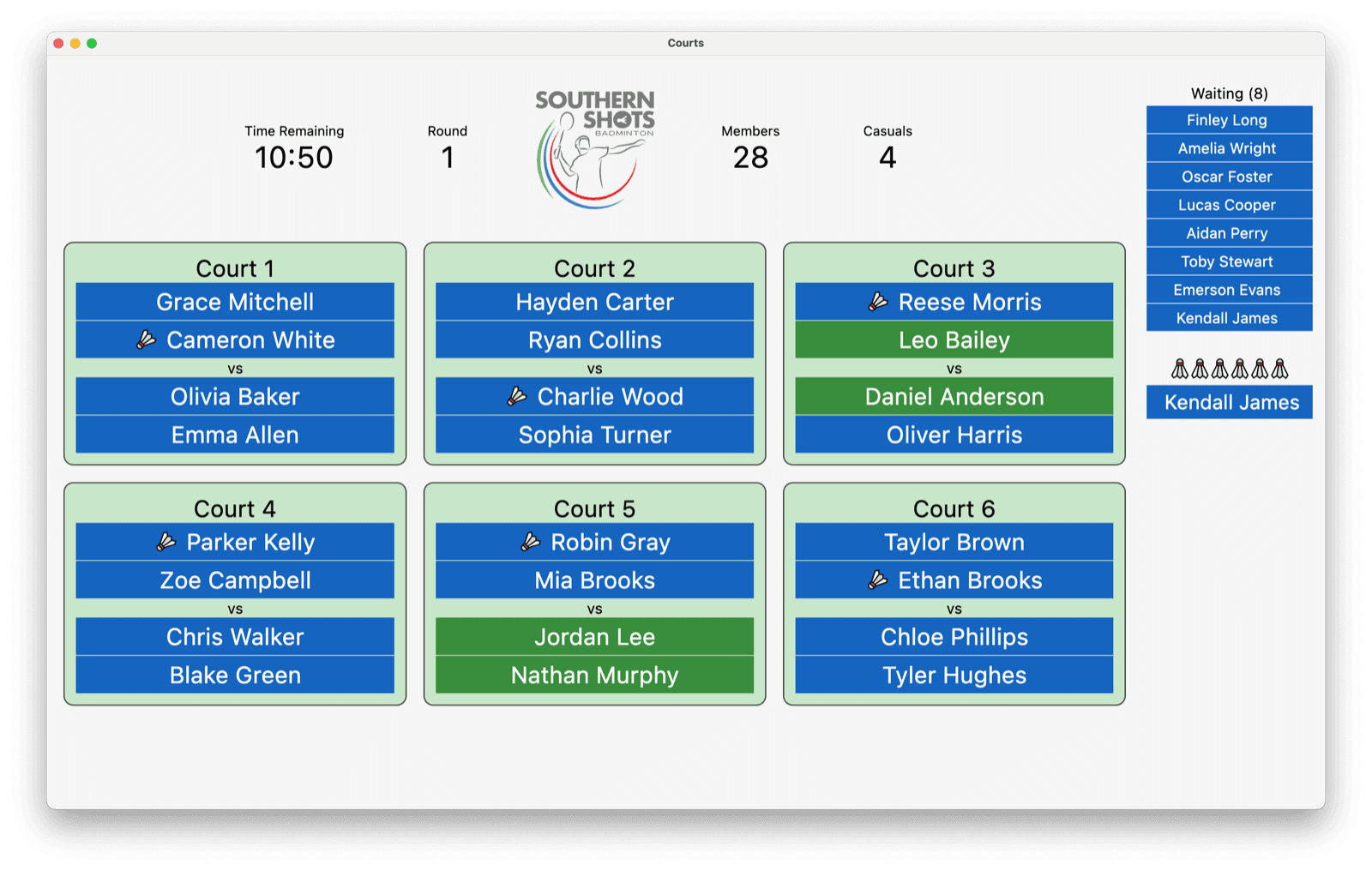 Southern Shots session software: full-screen courts view with the round timer