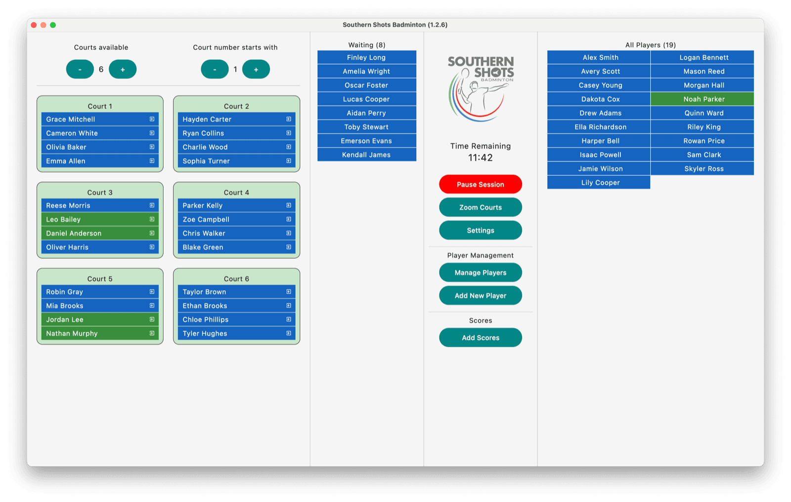 Southern Shots session software: court assignments, waiting list and session timer